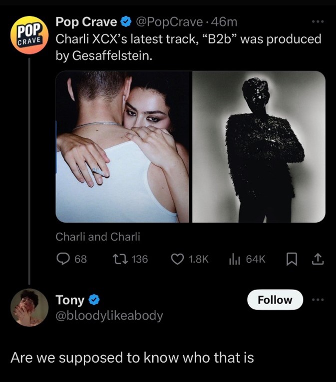 Screenshot of a Twitter converstation regarding a Gesaffelstein produced Charli XCX song